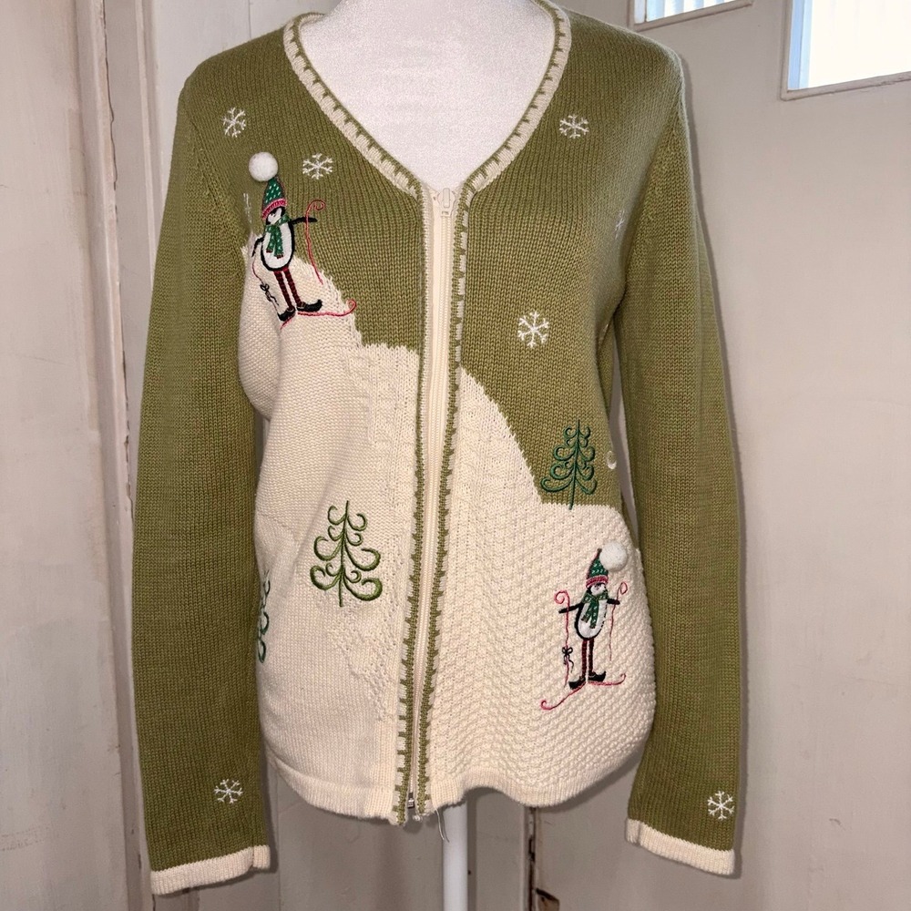 Christopher & Banks Ski Snowman Cardigan Sweater L Cozy Cottage-core via Winter
